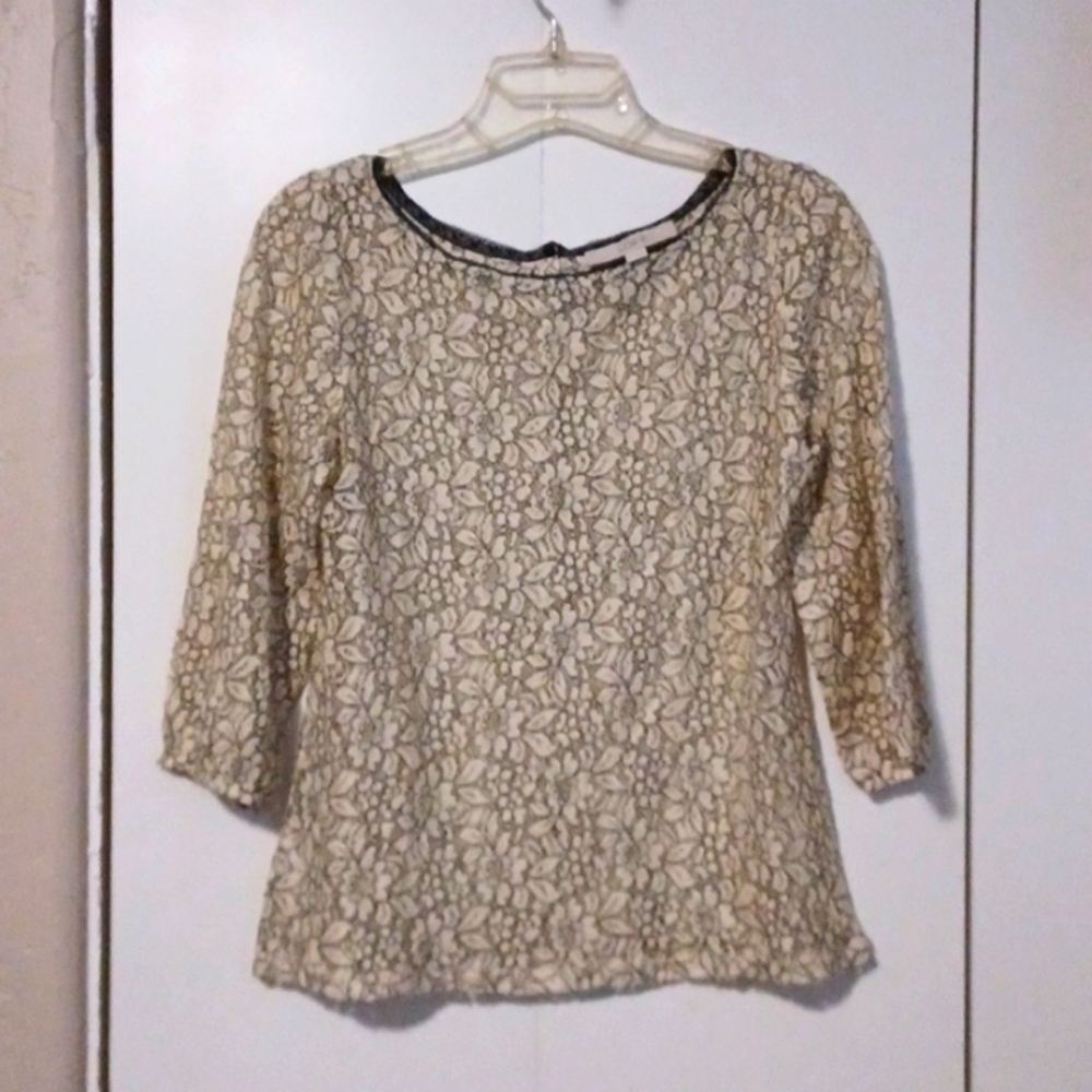 Loft, S, XS, cream and black lace, button back, blouse